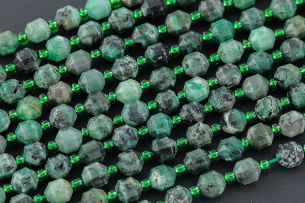 AAA Natural Emerald 5-6mm Beads Faceted Energy Prism Double Terminated Point Cut 15.5" Strand