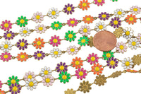 Multicolor Enamel Chain Flower Daisy - Solid Natural Brass - 10mm - By the Yard