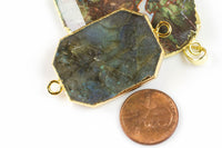 Labradorite Long Hexagon Pendant or Connector Gold Plated 35mm 1 piece. LOTS OF FIRE.